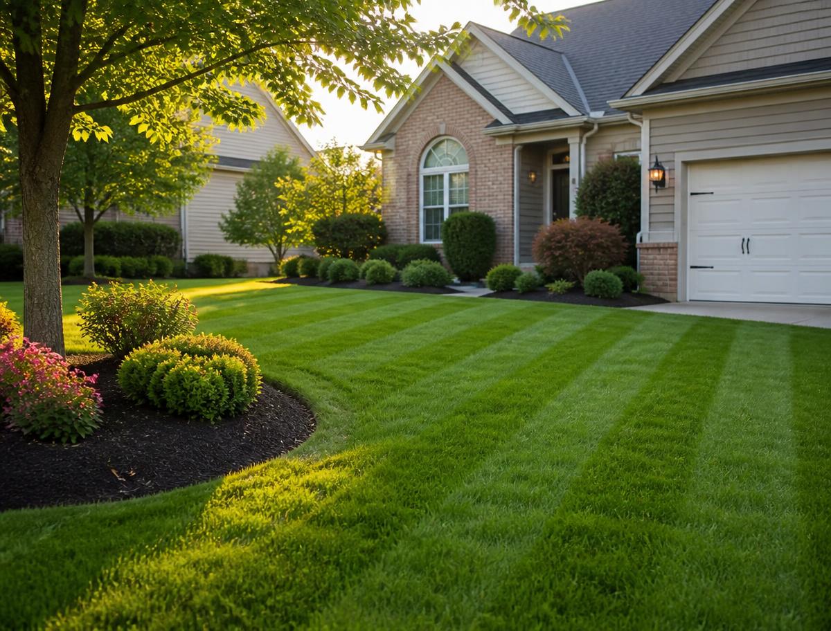 Freshly mowed striped lawn and tidy garden beds at an Ohio home